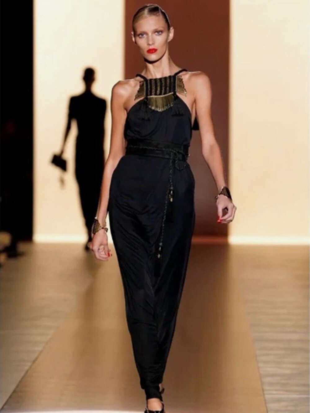 Gucci spring 2011 gold embossed black drop-crotch jumpsuit 42 Frida Giannini,